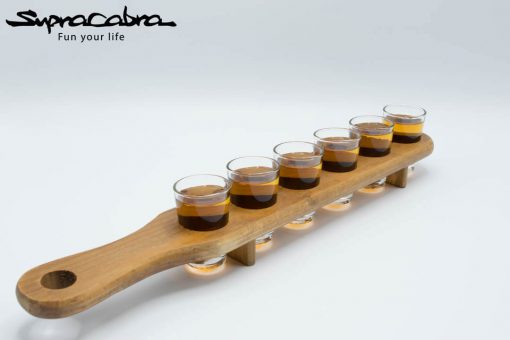 Wooden Shot Glass Server filled with whiskey shots by Supracabra.com - Fun your life