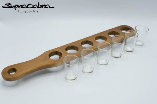 Wooden Shot Glass Server with 6 empty glasses standing beside by Supracabra.com - Fun your life